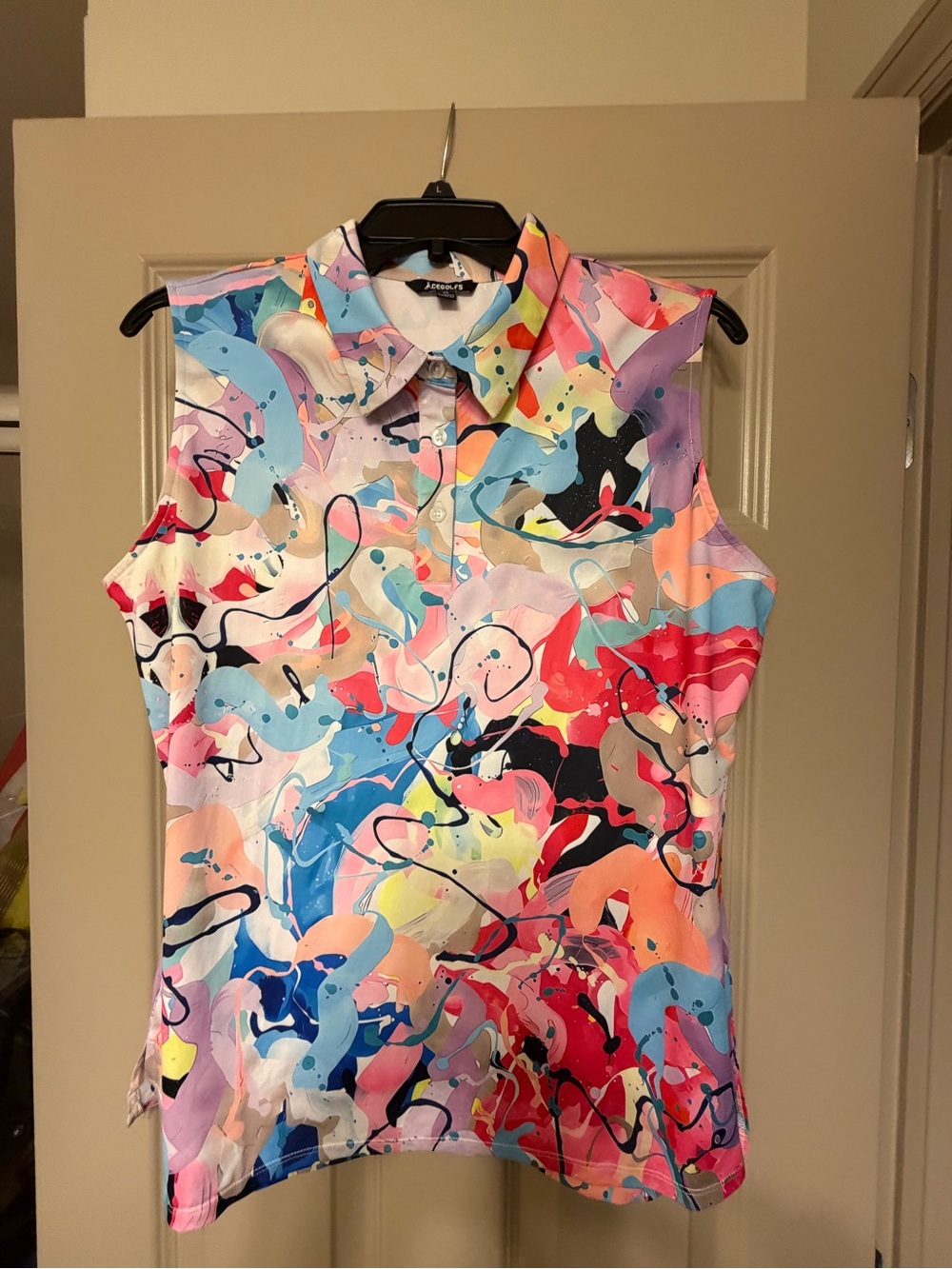 NWOT. Never Worn. Sleeveless Abstract Paint-Splash Collared Top - Multicolor
